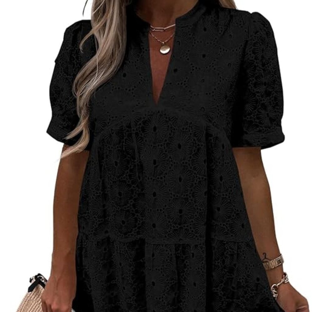 Imily Bela Womens Summer Lace Dresses Eyelet Casual Flowy Babydoll Swing Short S